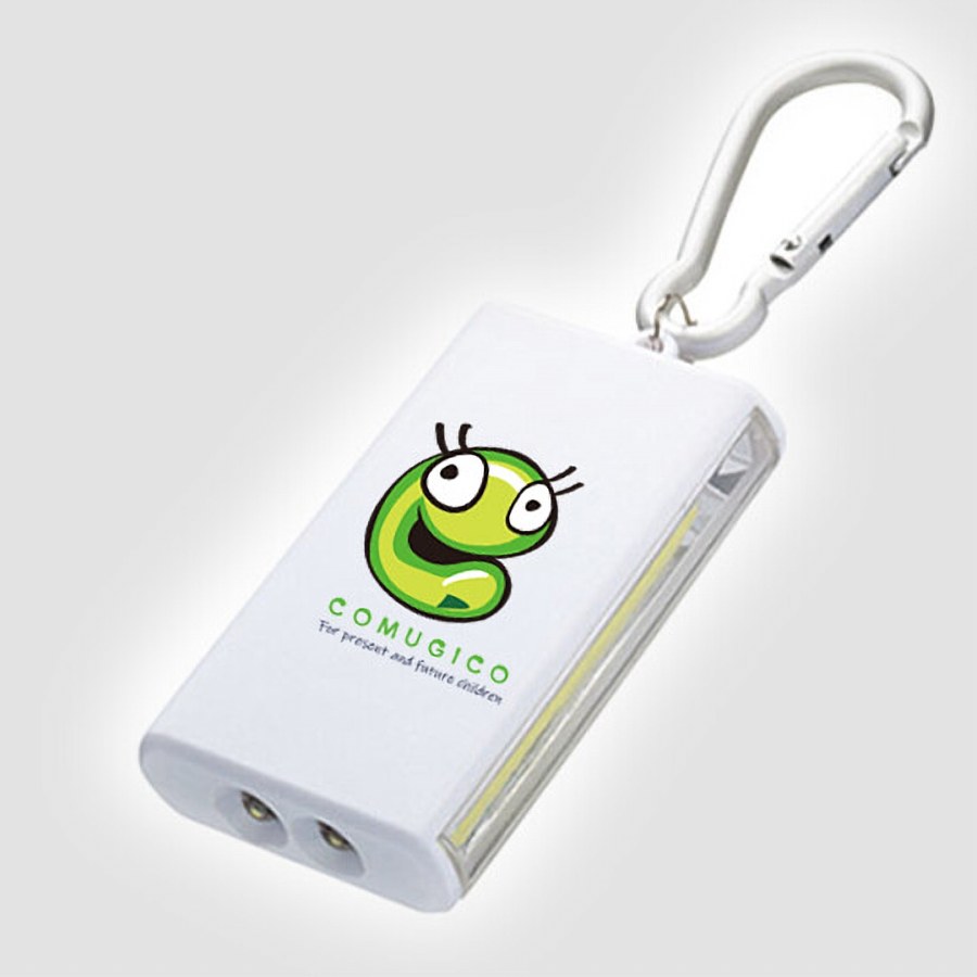 白い四角のLEDキーホルダー。カラビナ付き。コムギコのイラスト入り