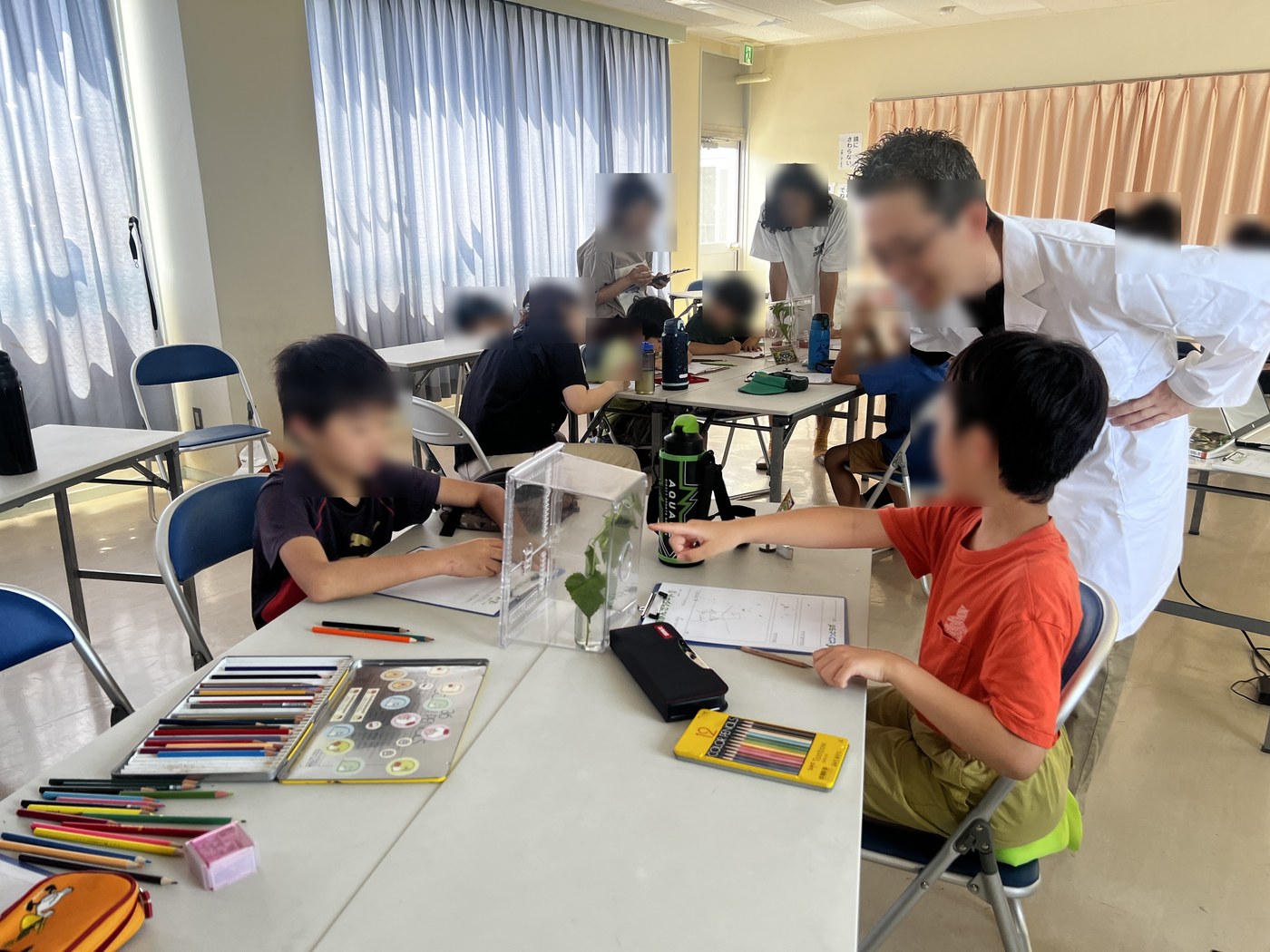 生き物教室。つかまえた虫を近くで観察して、記録シートに描きます。