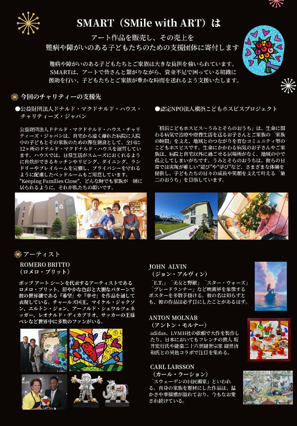 アートフェアのチラシ（裏）。チャリティーの支援先とアーティスト