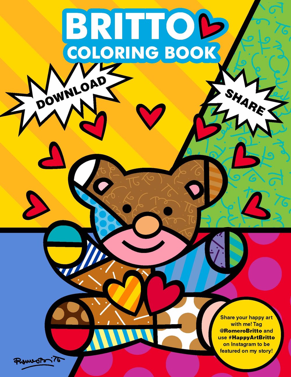 ロメロ・ブリットの塗り絵ブック「BRITTO COLORING BOOK」の表紙。ハートを持ったくま