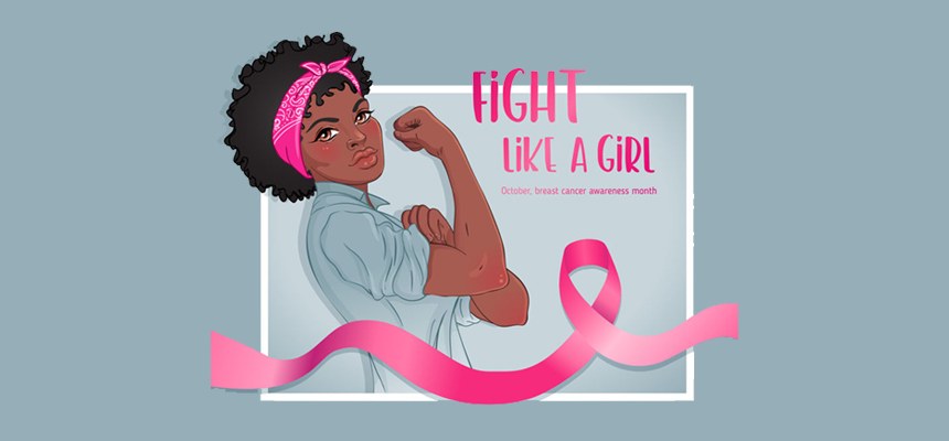 ピンクのバンダナを巻いて力こぶを見せる女性とピンクのリボン、「FIGHT LIKE A GIRL」の文字のイラスト
