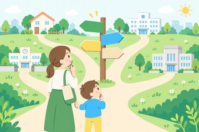 子どもと手をつないだお母さんが、分かれ道の道しるべを見上げているイラスト。道の先に家や病院、学校が見える