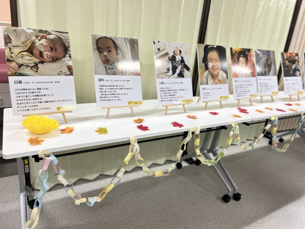 長机に並ぶ写真パネル。赤ちゃんや子どもたちの写真に、名前と生まれた日と家族の言葉が添えられている。机の上には秋の葉と、色紙の輪つなぎの飾り