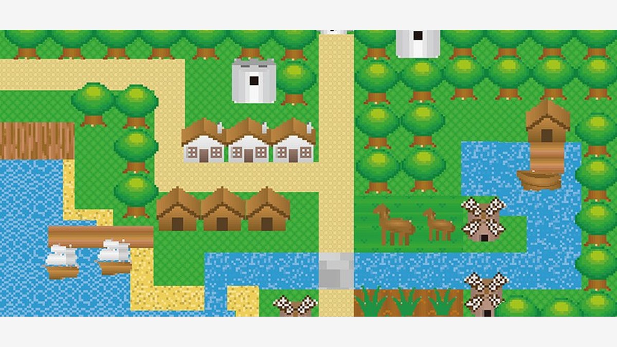 RPGのマップのようなドット絵。森と川、村の家、船、馬車、風車が描かれている