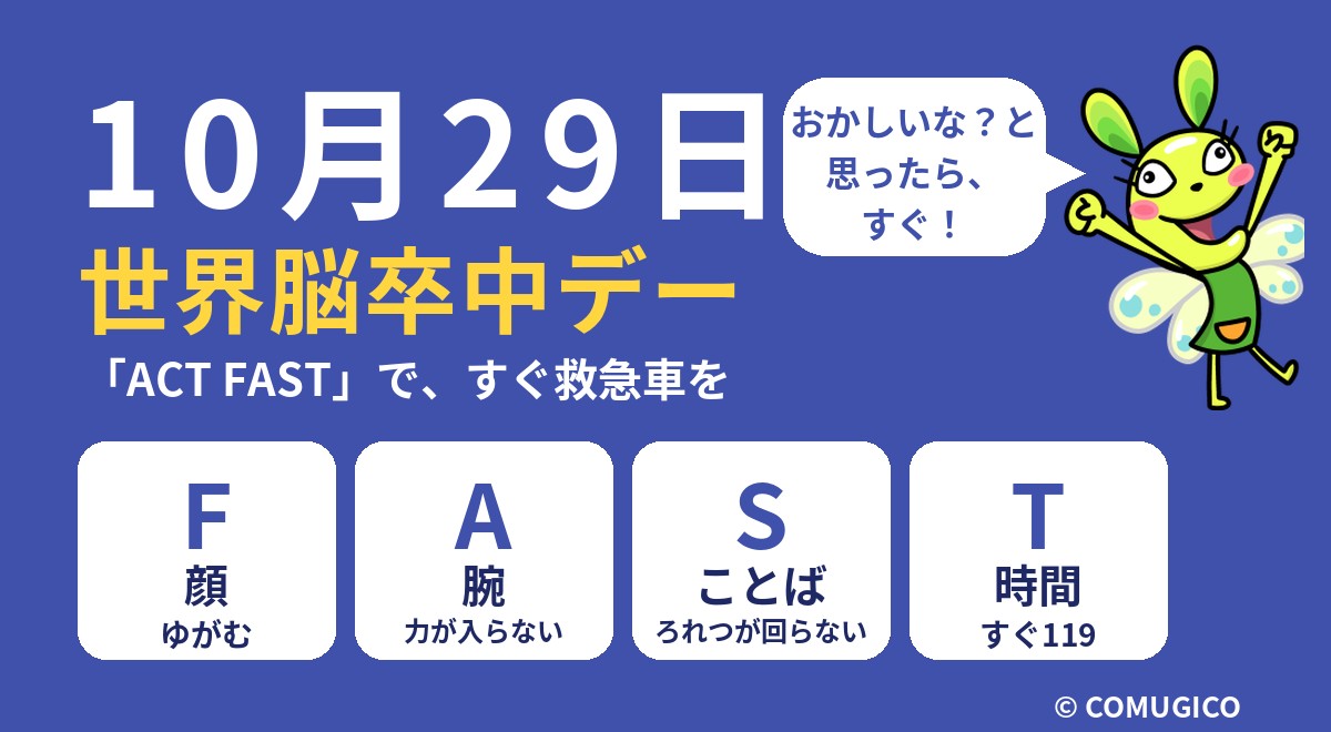10月29日は世界脳卒中デー。ACT FASTの4つのサイン、F（顔がゆがむ）、A（腕に力が入らない）、S（ことばが出ない・ろれつが回らない）、T（時間・すぐ119）を並べたイラスト。COMUGICOのキャラクターが「おかしいな？と思ったら、すぐ！」と話している