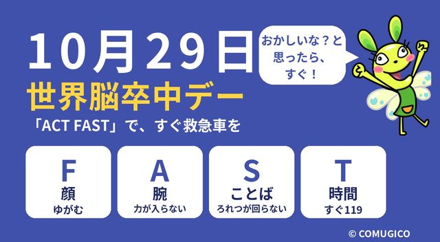 10月29日は世界脳卒中デー。ACT FASTの4つのサイン、F（顔がゆがむ）、A（腕に力が入らない）、S（ことばが出ない・ろれつが回らない）、T（時間・すぐ119）を並べたイラスト。COMUGICOのキャラクターが「おかしいな？と思ったら、すぐ！」と話している
